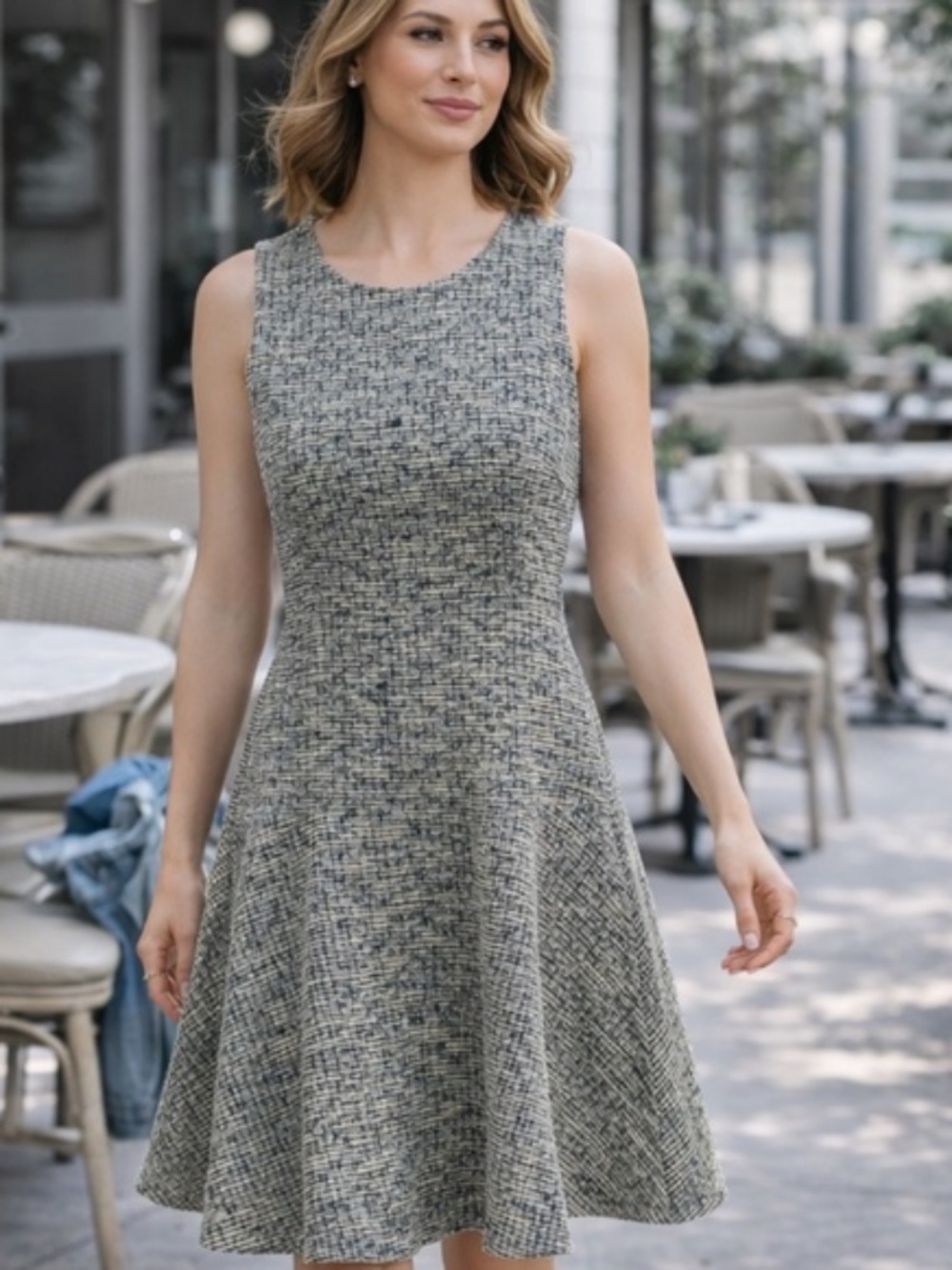 Banana Republic Black White Tweed Sleeveless Fit Flare Dress - Size 12